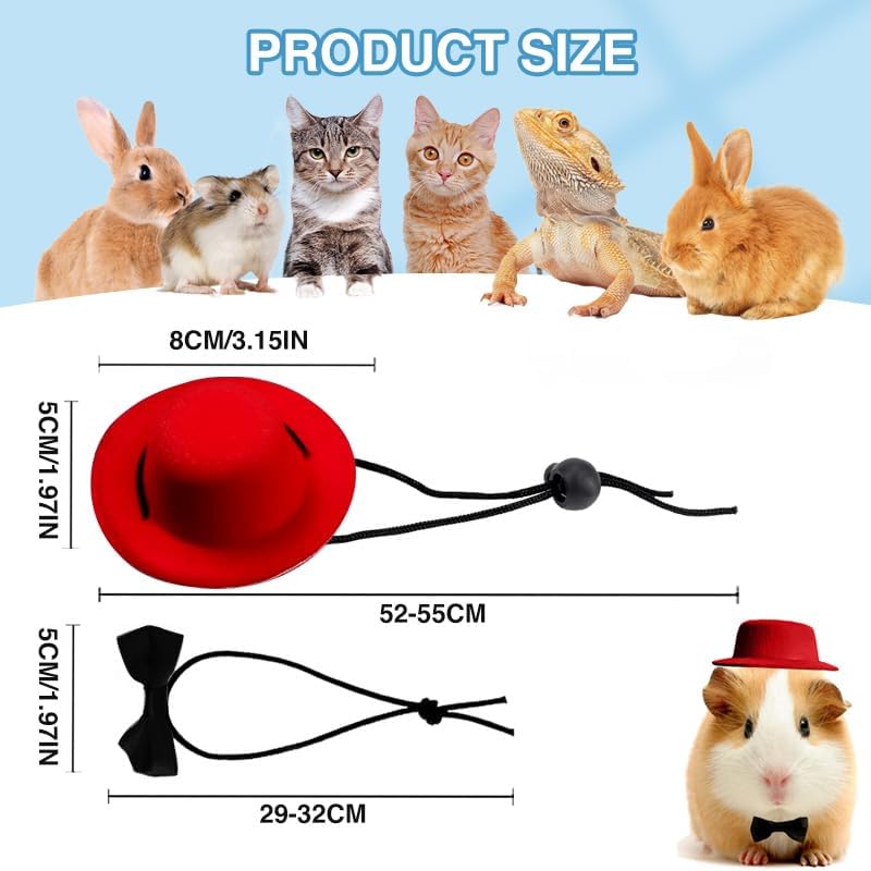 hokable 2pcs Guinea Pig Clothes Small Animal Bow Tie Pet Hat Costume Set Role Play Cute Pet Hat Bow Tie for Hamster Guinea Pig Rabbit Chinchilla Hedgehog（Red hat + Black Bow tie） - Image 2